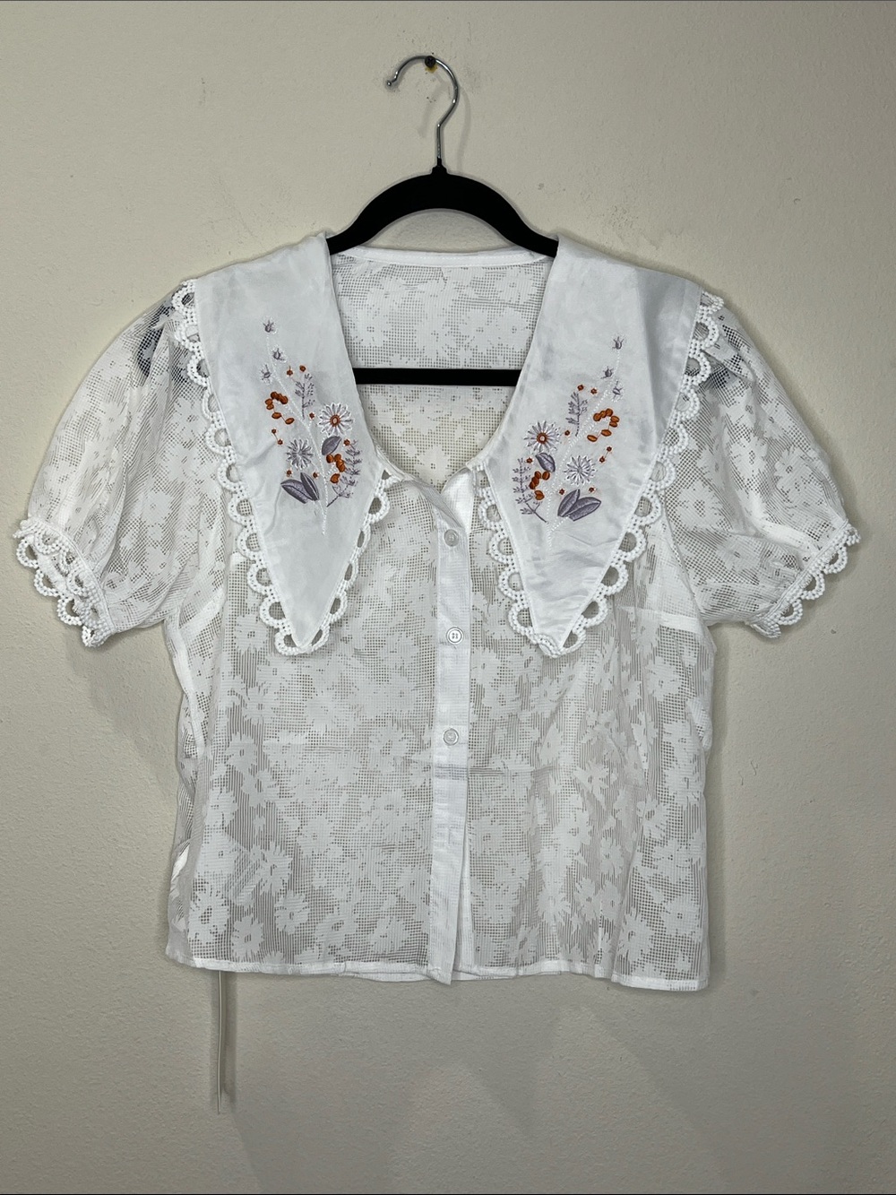 White Lace Embroidered Peter Pan Collar Blouse
